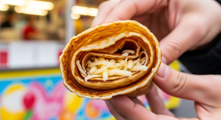 A person holds a golden brown rolled crepe, revealing a generous filling of shredded cheese.の素材