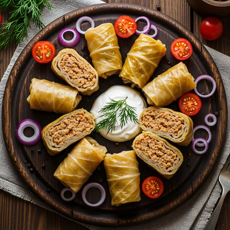 A rustic wooden platter showcases golden brown cabbage rolls arranged around a dollop of sour cream topped with fresh dill.の素材