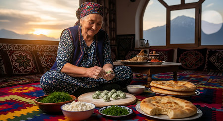A smiling elderly woman sits on a colorful rug, preparing a meal with fresh ingredients and bread.の素材