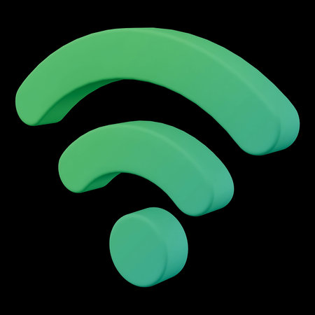 A 3D rendered green wifi symbol on a black background, representing wireless connectivity and...