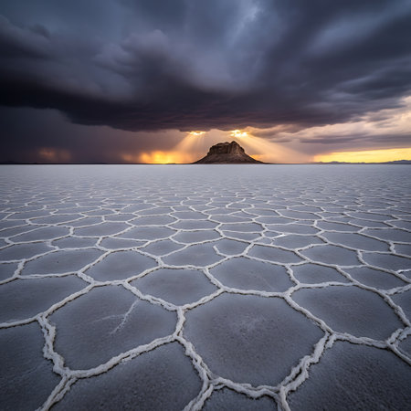 A vast expanse of cracked dry earth stretches towards a rugged mountain under a dramatic cloudy sky with rays of sunlight peeking through the clouds, creating a serene and powerful landscape.の素材