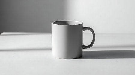 A plain white coffee mug is placed on a flat surface, casting a subtle shadow. The minimalist setting highlights the clean design of the mug, creating a serene atmosphere.の素材