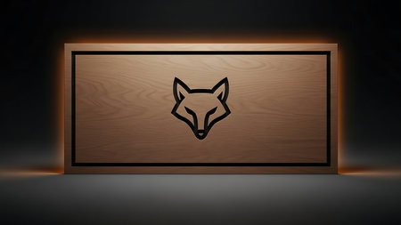 A minimalist fox head logo is centered on a wooden panel, highlighted by a spotlight. The wooden texture and the fox's outline are accentuated by the contrasting lighting, creating a striking visual effect.の素材