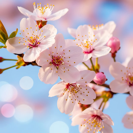 A close-up view of delicate cherry blossoms with soft pink petals and yellow stamens, set against a blurred blue sky with bokeh lights, capturing the essence of spring and beauty.の素材