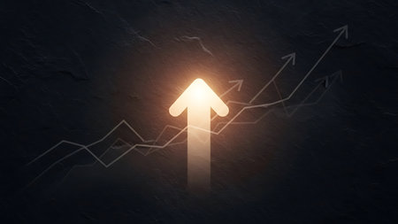A glowing arrow pointing upwards surrounded by multiple arrows on a dark background, symbolizing growth, success, and upward trend in business or finance.の素材