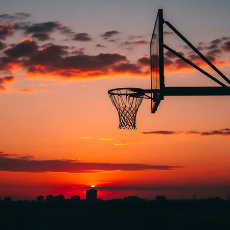 A basketball hoop stands tall against a vibrant orange and red sunset, with a city skyline silhouetted in the background. The sky is ablaze with hues of orange and red, and the sun is setting behind the buildings, creating a warm and inviting atmosphere.の素材