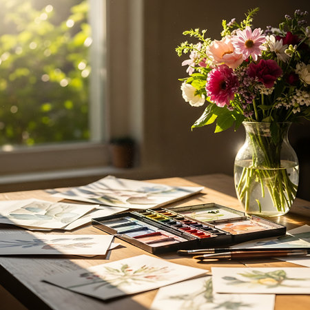 A bright, natural light illuminates a table filled with watercolor paints, brushes, and delicate botanical illustrations, alongside a glass vase of colorful flowers.の素材