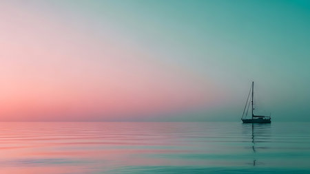 A serene sailboat glides across a tranquil sea, set against a breathtaking pink and blue sky at dusk, creating a peaceful and idyllic atmosphere.の素材