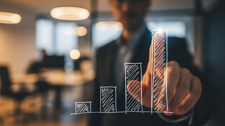 A businessman in a suit is seen drawing a graph with his hand, illustrating a growth chart in a professional office setting. The image conveys a sense of analysis and progress in a business context.の素材