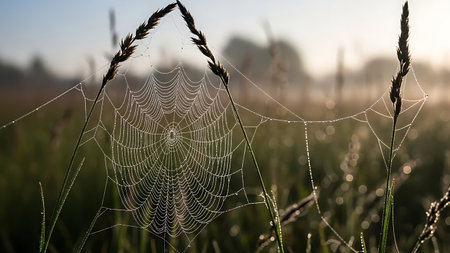 A beautiful spider web is intricately woven between blades of grass, glistening with dew drops in the morning light, creating a serene and peaceful atmosphere in a lush green field.の素材