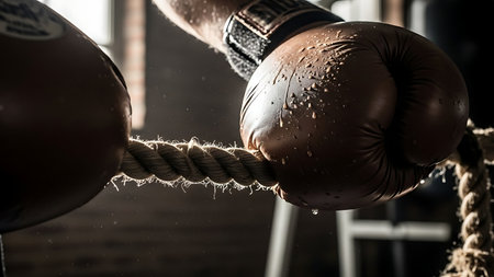 A boxer's gloved hand is punching a heavy bag in a gym, sweat dripping from the glove as it connects with the rope-wrapped bag.の素材