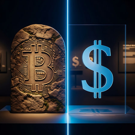A modern display showcasing a bitcoin symbol on a stone and a us dollar symbol in a sleek, futuristic design, highlighting the contrast between traditional and digital currency.の素材