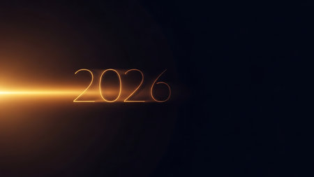 High-resolution digital render of the year 2026 glowing in warm golden light, symbolizing future, progress, and new beginnings. Dark backdrop enhances luminosity for impactful visuals.の素材
