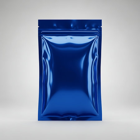 High-quality image of an empty, shiny blue metallic resealable pouch with a smooth finish, ideal for packaging, storage, or product display. Clean white background enhances focus on the pouch.の素材