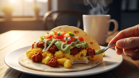 Close-up of a hand holding a freshly prepared breakfast taco filled with scrambled eggs, beans, cheese, and vibrant toppings like tomato, lettuce, and sour cream on a plate with a coffee cup nearby in a warm cafÃ© setting.の素材