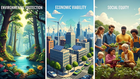 Illustration of a harmonious sustainable future showcasing environmental protection, renewable energy, economic viability, and social equity in a vibrant urban green cityscape with diverse community.の素材