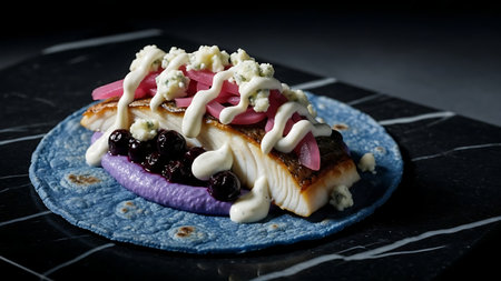 Exquisite dessert featuring layers of cake, fresh berries, whipped cream, and rich caramel sauce on a decorative blue plate. Perfect for fine dining, culinary blogs, or indulgent treat promotions.の素材