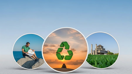 A man uses a laptop on a rocky shore with ocean views, symbolizing remote work. Overlay images show a recycling logo at sunset and a green field with a power plant, representing sustainability and renewable energy.の素材