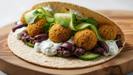 Delicious falafel wrap featuring crispy chickpea patties, fresh cucumber, lettuce, pickled turnips, and creamy tahini sauce in a soft flatbread, presented on a rustic wooden board.の素材