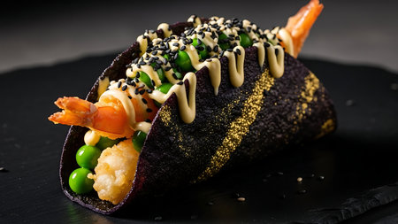 Close-up of a premium grilled sushi roll featuring fresh salmon, shrimp, creamy avocado, and edamame, garnished with spicy mayo, eel sauce, and sesame seeds on a sleek black plate.の素材