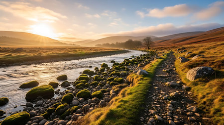 A tranquil highland river winds through mossy rocks under a golden sunrise, casting warm light over the untouched wilderness landscape with rolling hills and clear skies.の素材