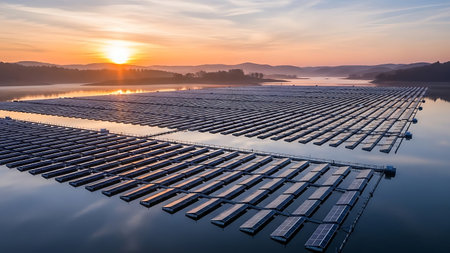 Aerial view of expansive floating solar farm with rows of photovoltaic panels on a serene lake during golden sunrise, showcasing sustainable energy solutions and eco-friendly technology.の素材