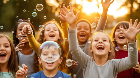 Group of diverse, happy children laughing and reaching for colorful soap bubbles during a warm sunset, evoking carefree childhood joy and outdoor fun in nature.の素材