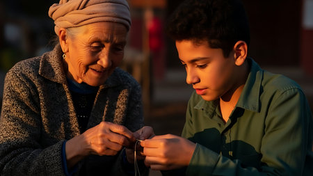 An elderly woman with a headscarf guides a young boy in threading a needle, showcasing intergenerational bonding and traditional craftsmanship in a cozy home environment.の素材