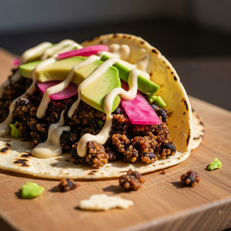 Delicious black bean and avocado tacos topped with vibrant pink sauce, fresh cilantro, and crunchy seeds, served on a charred tortilla. Perfect for healthy, flavorful meals.の素材