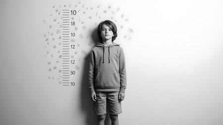 A focused young student in casual hoodie and shorts stands by a chalkboard filled with handwritten math problems, numbers, and equations, symbolizing education and learning.の素材