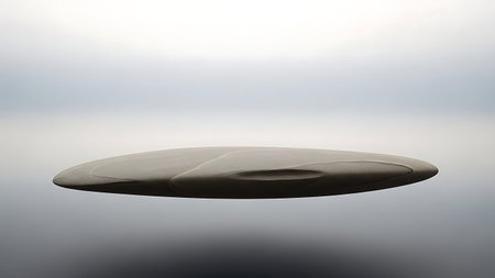 Sleek metallic UFO-shaped vessel hovers gracefully above tranquil water surface, creating subtle ripples. Minimalist design with smooth contours against soft gradient sky backdrop.の素材
