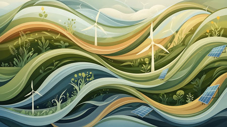 Illustrative depiction of renewable energy integration featuring wind turbines, solar panels, and lush greenery in a serene, undulating landscape promoting eco-friendly power solutions.の素材
