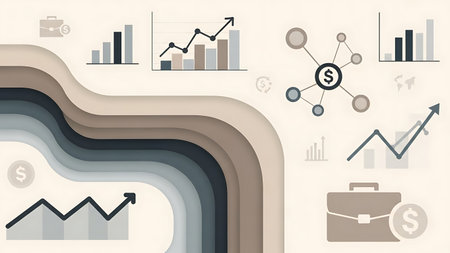 Illustration of financial growth with rising charts, global investment networks, profit symbols, and business success indicators. Ideal for finance, stock market, and economic growth concepts.の素材