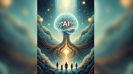 Digital illustration of an advanced AI brain with glowing neural networks, symbolizing innovation and teamwork. Silhouetted figures explore a futuristic, cosmic landscape with clouds and stars, representing technology and human potential.の素材