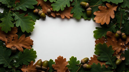 High-resolution image showcasing vibrant green oak leaves with clusters of acorns, creating a natural frame. Soft focus background evokes autumn warmth and tranquility, ideal for nature themes.の素材