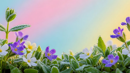 Close-up of fresh purple and white crocus flowers glistening with dew drops, set against a warm pastel sunrise gradient sky, symbolizing renewal and natural beauty.の素材