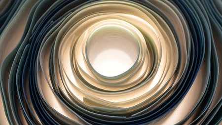 High-resolution image of polished metal pipes arranged in a concentric spiral pattern, showcasing industrial design, reflective surfaces, and geometric precision for modern architectural or manufacturing contexts.の素材