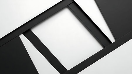 High-contrast black picture frame resting on a clean white surface with geometric shapes and dramatic shadows. Ideal for modern decor, branding, and abstract design projects. Minimalist aesthetic with strong visual impact.の素材