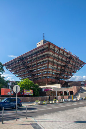 The Slovak Radio Building is located in Bratislava. It is shaped like an upside down pyramid.のeditorial素材
