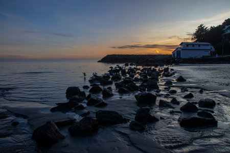 Sumner beach at Christchurch , New Zealand , where sun sets over pacific oceanの写真素材