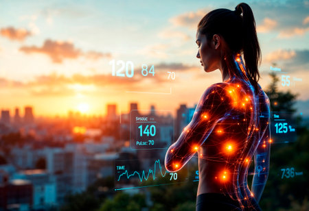 double exposure of woman with heart rate monitor and cityscape at sunsetの素材