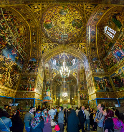 The interior view of the Vank Cathedral in Isfahan, Iran, is covered with fine frescos and gilded carvings and includes a wainscot of rich tile work.のeditorial素材