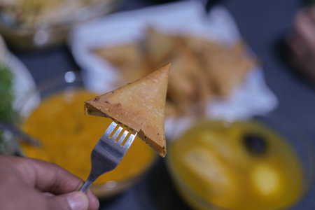 macro photo of fried samosa during ramadanの写真素材