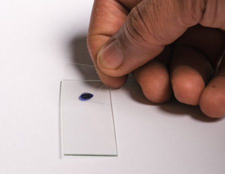 Hand holding a white card with a blue button on a white backgroundの写真素材