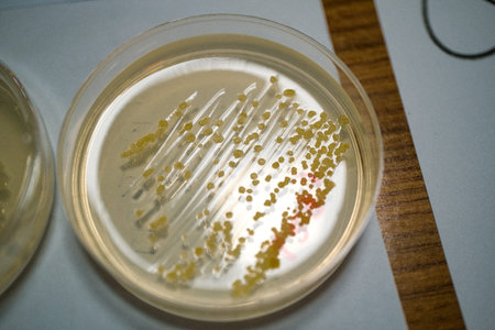 Petri dish with colonies of bacteria on agar plate in laboratory