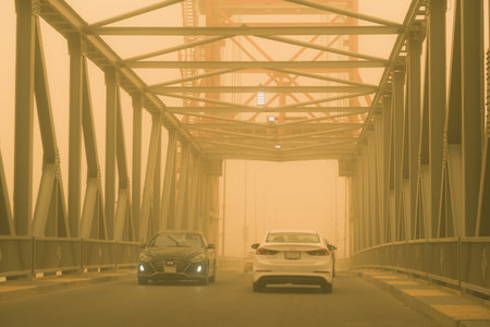 car on the bridge in misty day, closeup of photoの写真素材
