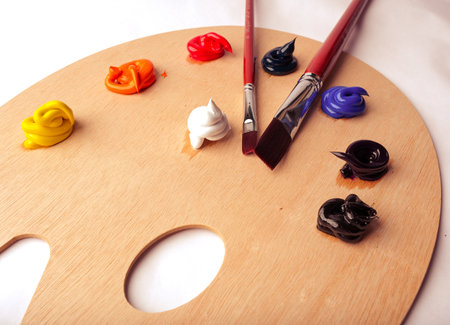 wooden pallete for mixing oil paintsの写真素材