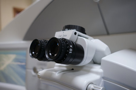 basra, Iraq - MAY 25, 2021: microscope of femto smile machine for refractive surgery operations