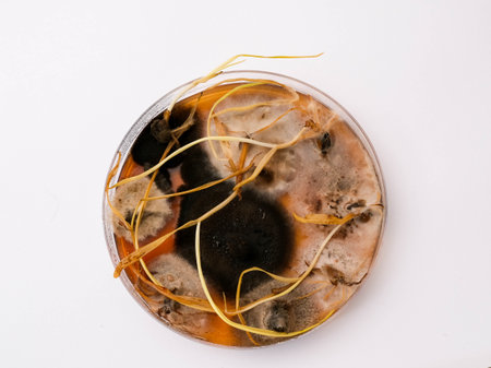 photo of fungi growth on agar media in petri dishの写真素材