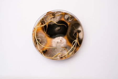 photo of fungi growth on agar media in petri dishの写真素材